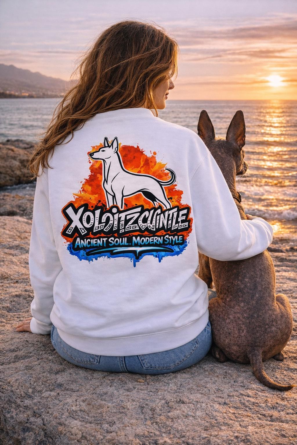 Xoloitzcuintle Sweatshirt – Ancient Soul Modern Style – Xolo Dog Lover Crewneck – Mexican Hairless Dog Gift – Unisex Back Graphic Pullover
