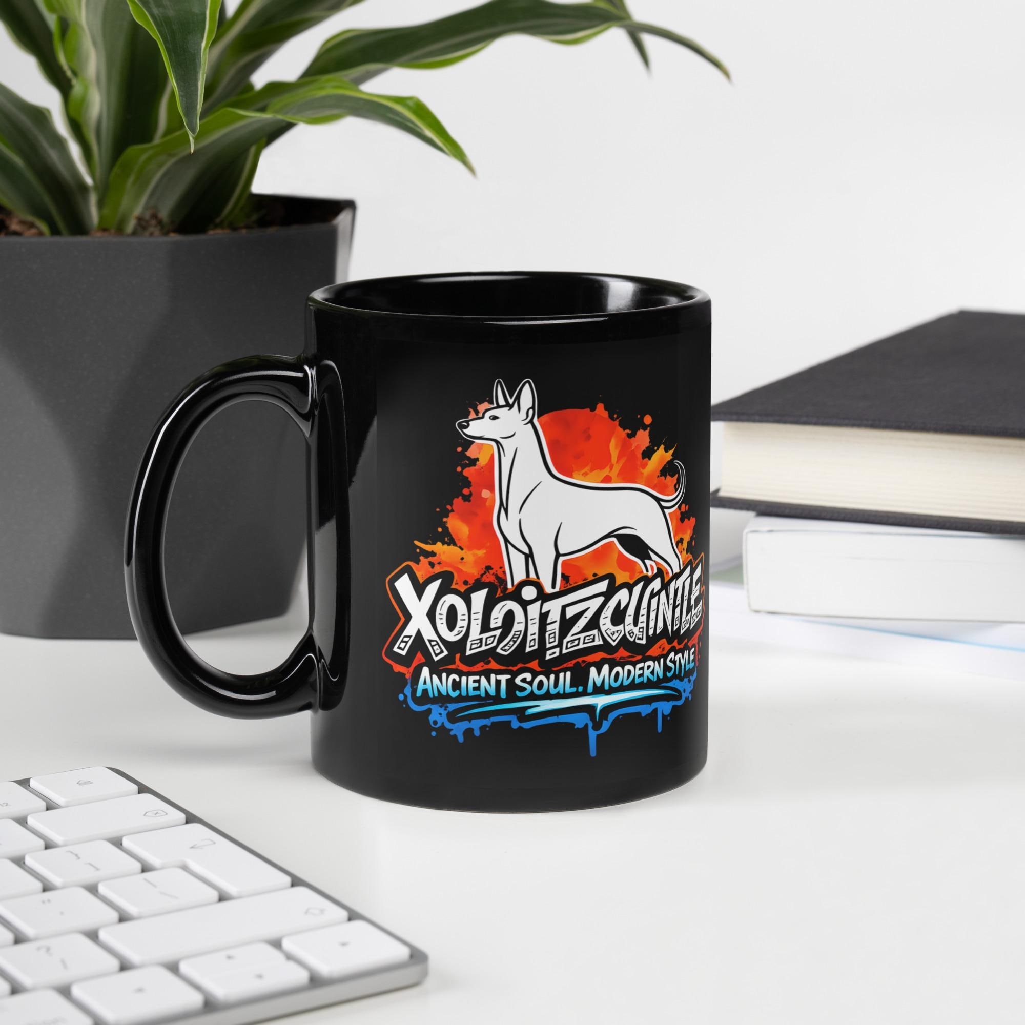 Bright Xolo Mug – Black Glossy Mug with Bold “Xolo” Print – Mexican Hairless Dog Lover Gift – Xoloitzcuintli Owner Coffee Cup 11oz 15oz