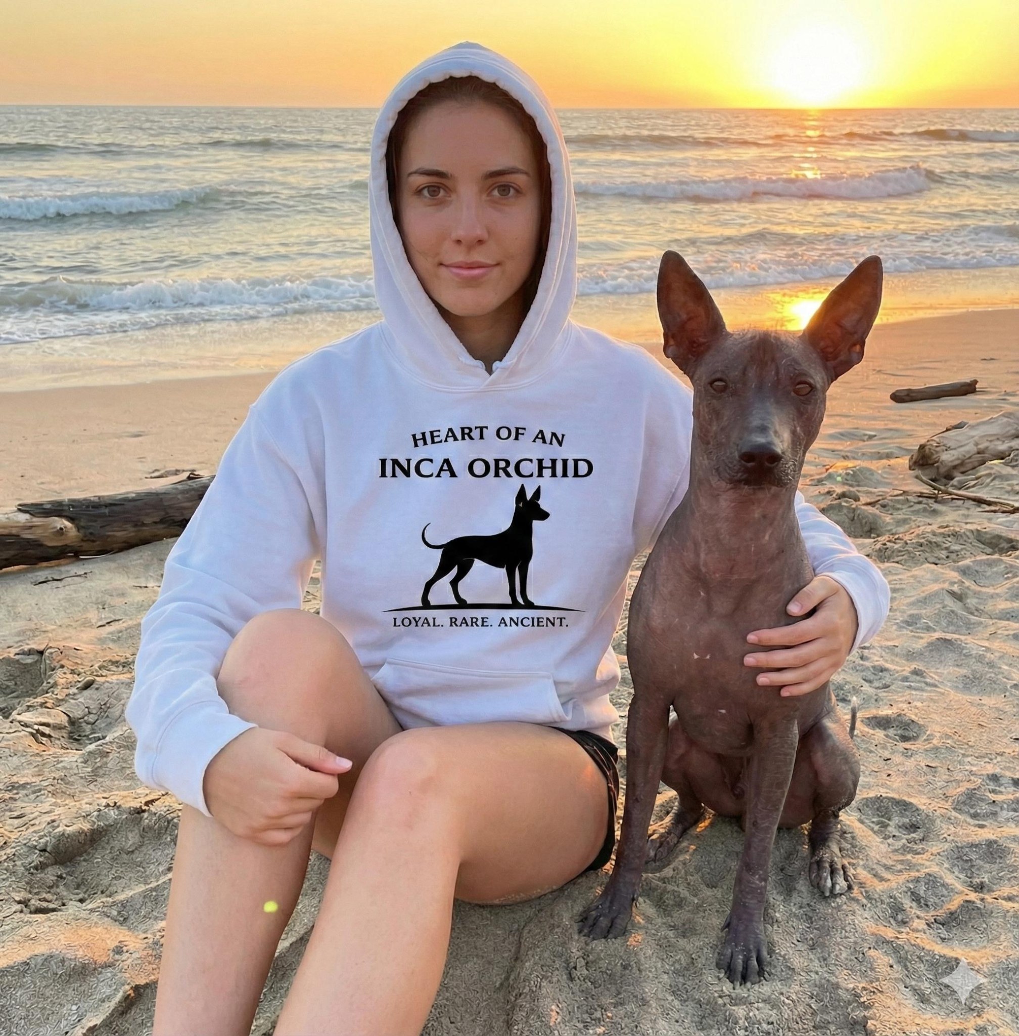 Peruvian Inca Orchid Hoodie – Peruvian Inca Art Heat Print – Hairless Dog Sweatshirt – Xolo Style Tribal Art – Unisex Hoodie