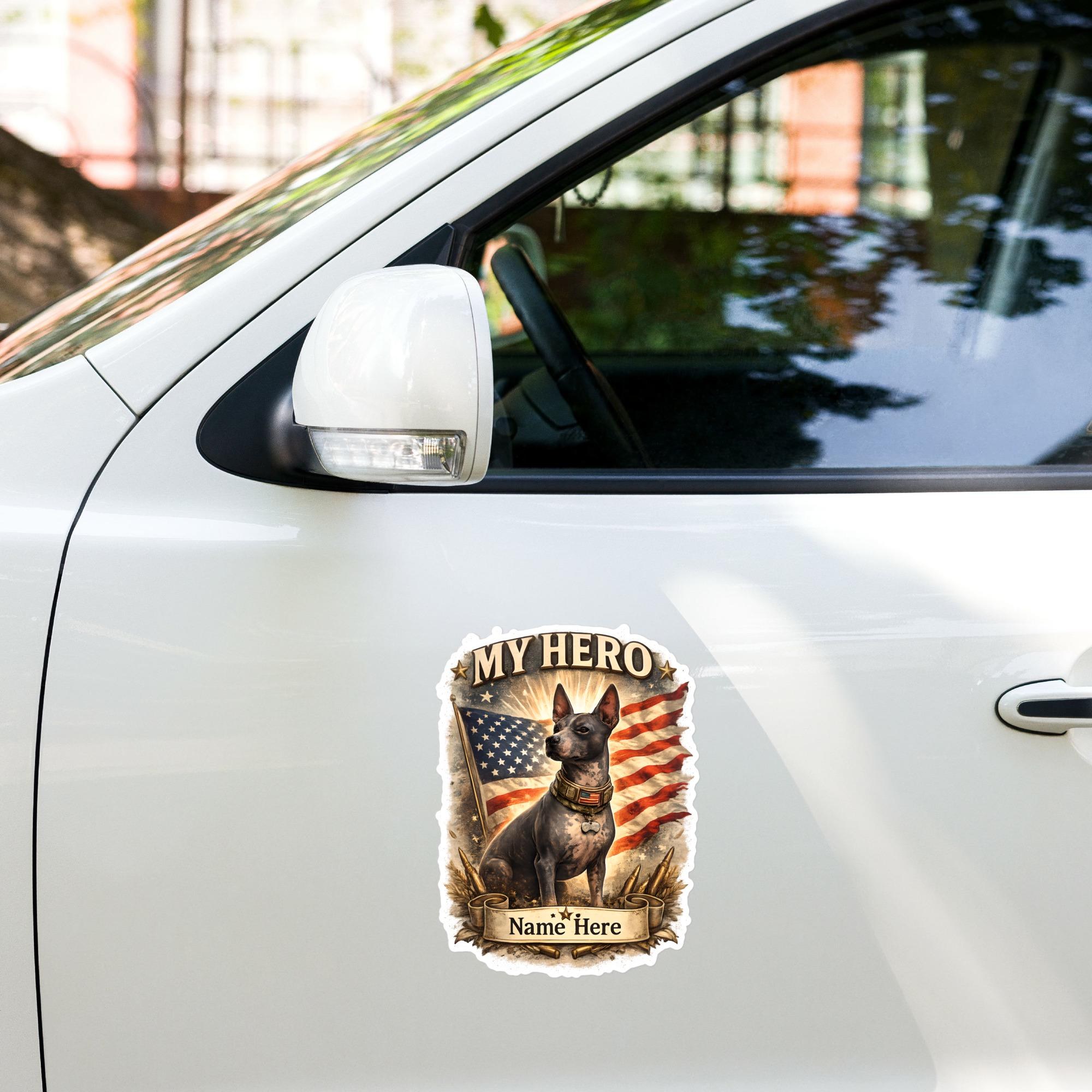 Personalized MY HERO – American Hairless Terrier AHT Sticker  Patriotic Vinyl Decal